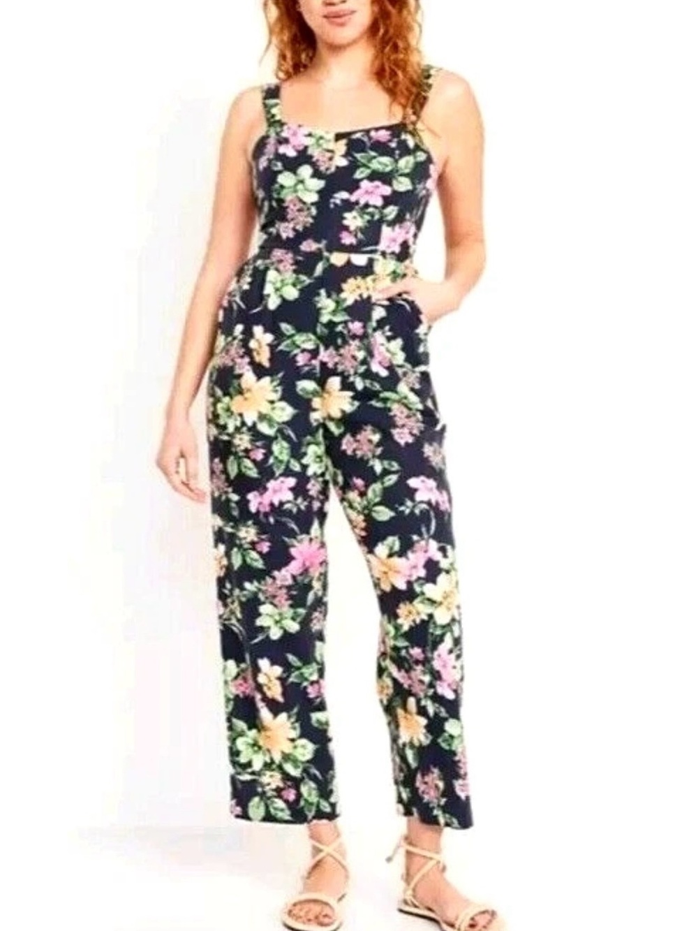 Old Navy Floral Linen Jumpsuit/Romper - Navy and Multicolor. Never worn.